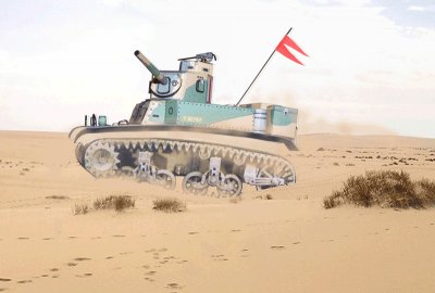 M3 Honey Stuart
Le char M3 est vu ici au sud-est de Tobrouk. Le char quitte un emplacement Ã  dÃ©filement de tourelle, et, le plus vite possible, gagne son prochain poste d'observation. Pendant son mouvement, les deux autres chars du peloton sont arrÃªtÃ©s Ã  dÃ©filement de tir et observent les points d'oÃ¹ les allemands pourraient se trouver. Le combat en char est un combat de fauves patients et l'on ne se dÃ©place pas sans avoir soigneusement observÃ© et jamais sans Ãªtre couvert. Montage Photoshop. 
Keywords: M3 Honey Stuart