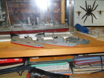 vieux escorteurs 5
pour la mygale! arachnophobes s'abstenir. Elle est naturalisée et provient d'un héritage. Je ne les élève pas.
avec une petite vedette, même source, même technique. A l'époque, la guerre froide était bien vivante, il y avait le mur de Berlin couvert de vopos et j'ignorais que les modèlistes de l'est pratiquaient assidument ce type de modèlisme.
